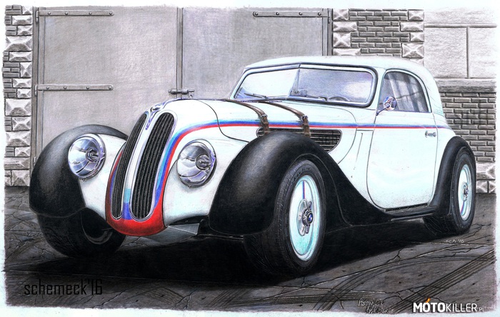 BMW 327 M-Power &#039;39 concept car – BMW 327 M-Power &#039;39 concept! 
Witam. Jest to mója wizualizacja samochodu z lat -30tych w klimacie M-Power  Nieskromnie napiszę że jest to być może pierwszy taki projekt z świecie, jeśli sie mylę to wrzucasjcie zdjęcia w komentarzach  Jednak po kolei:
-Karoseria wzorowana na zdjęciu modelu 327 z roku 1939;
-Reflektory zapożyczone od Porsche 911 (901) Singer;
-Felgi zdystansowane, znacznie poszerzone, pełne ze stopu aluminium, widziałbym tu 18-19&#039;&#039; według mojego pomysłu;
-Opony Good Year Eagle F1;
-Malowanie biało-czarne z trójbarwą &quot;M&quot; mojego pomysłu;
-Grill, wloty powietrza, pasy mocujące maskę zapozyczone z modelu 328 z roku 1937
-Oryginalna szyba przednia składała się z dwóch części, dwóch oddzielnych okienek w dwóch obramowaniach, ja połączyłem te szyby robiąc jedną ramkę z połączeniem klejowym po środku;
-Silnik widziałbym tu od  M3 E46 (6 manualna)
*poj. 3246 cm³
*ukł. cyl. R6-24v
*moc 252 kW (343 KM)
*0-100 5,1s (z uwagi że auto jest sporo mniejsze i lżejsze od E46 to realne byłoby ok 4,5s) 
V-max   ok.250+ 
Pozdrawiam 