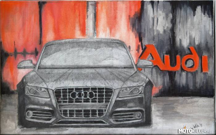 Audi – Pierwszy rysunek ołówkiem na płótnie 80x50
+ kredki akwarelowe + promarker
niestety słaba jakość zdjęcia 