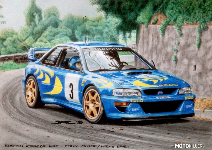 Subaru Impreza WRC – Zdecydowanie moja ulubiona rajdówka przełomu wieków! Mam ogromny sentyment do tego modelu jak i szalonej załogi! Z wielką ochotą zabrałem się za rysowanie go! W tym roku możliwe, że narysuję jeszcze takie Subaru w barwach Stomil-Olsztyn Mobil 1, którym w 1998 roku Krzysztof Hołowczyc wygrał 55 Rajd Polski.
Sam rysunek zajął mi ponad 40 godzin. Format A3 