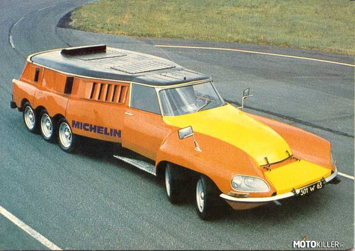 Michelin PLR – Ten przedziwny samochód został stworzony w 1972 roku przez Michelin i służył do… testowania opon ciężarowych. W latach 70-tych Michelin było właścicielem Citroena, dlatego by skonstruować ten specjalny pojazd wykorzystano jeden z modeli tego producenta, a dokładniej DS-a. Musiał on jednak przejść diametralne przeróbki, aby powstał wehikuł, który widzimy na zdjęciach. PLR (Poids Lourd Rapide) mierzył 7,3 m długości, 2,5 m szerokości oraz 1,56 m wysokości. Wykorzystano w nim dwie 5,7-litrowe jednostki V8 Citroena. Jedna z nich, zasilała 6 tylnych kół, a druga służyła jako napęd umieszczonej na pokładzie maszyny przeznaczonej do testowania opon dla ciężarówek. Taki ekwipunek na pokładzie poskutkował wysoką masą ponad 10 000 kg. Maksymalna prędkość jaką PLR mógł uzyskać wynosiła 180 km/h. Testy opon z udziałem tego modelu odbywały się na francuskim torze testowym. Obecnie pojazd znajduje się w muzeum Michelin w Clermont-Ferrand we Francji. 